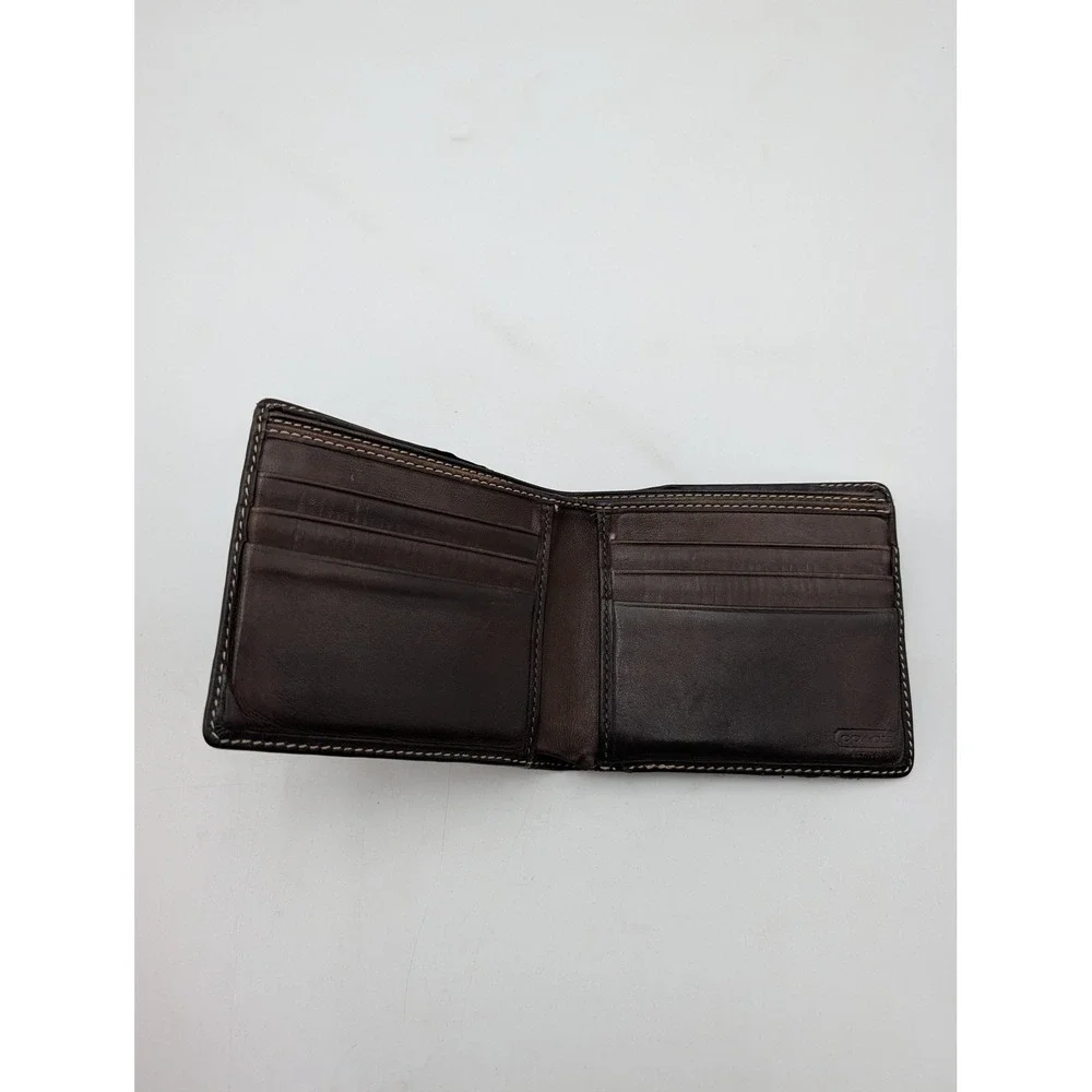 Coach Wallet Mens Brown Canvas Leather Bifold Signature Stripe Logo Card Holder